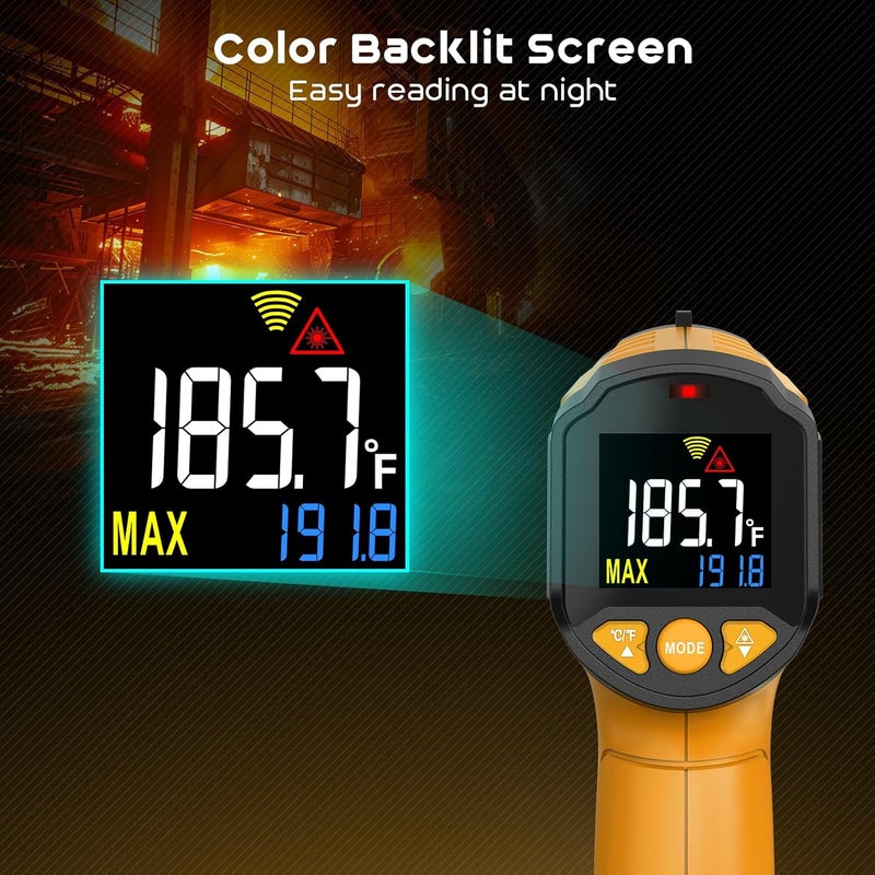 SQECH Infrared Thermometer Gun, Laser Thermometer Gun -58℉～1112℉(-50℃～600℃),Non-Contact Temperature Gun with Adjustable Emissivity&Color Backlight for Cooking, Pizza Oven,BBQ,Fridge,Engine,HVAC(Yellow) - Image 3